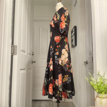 Black Peoney Floral Cap Sleeve Midi Dress Size Medium